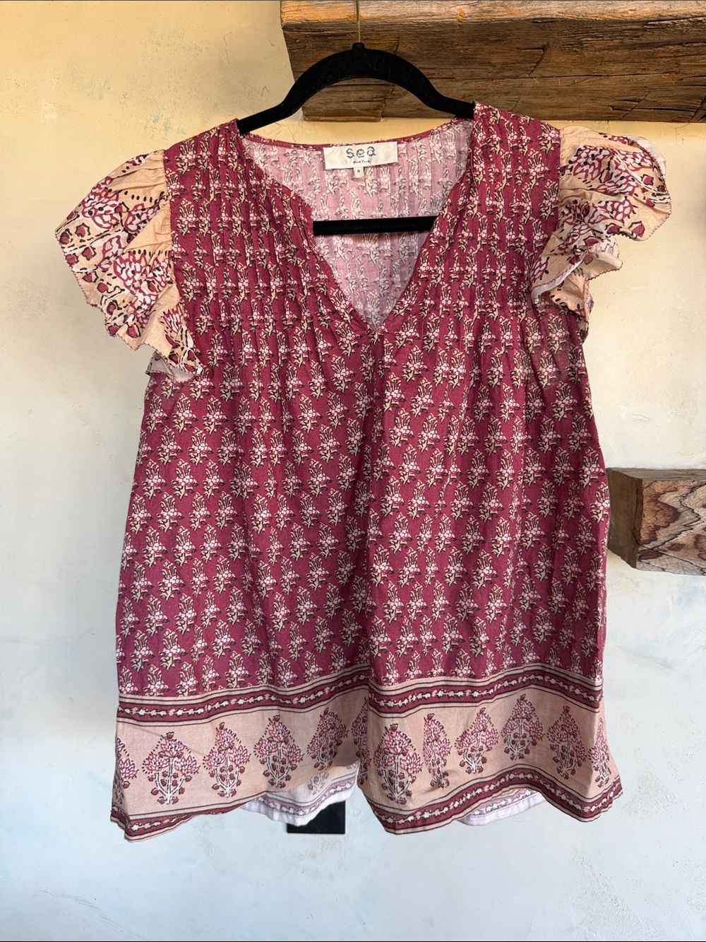 Sea Burgundy Floral V-Neck Flutter Sleeve Top with Cream Border